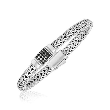 Sterling Silver Weave Style Bracelet with Black Sapphire Accents (7.5 Inch)