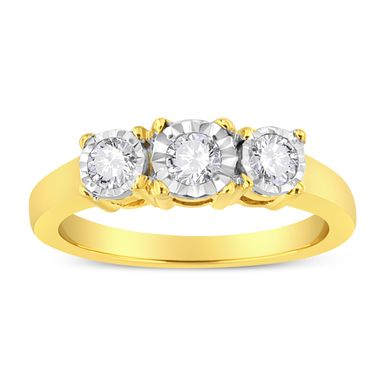 14K Yellow Gold Plated .925 Sterling Silver 1/2 Cttw Diamond Three Stone Illusion Plate Ring (J-K Color, I1-I2 Clarity) - Size 6