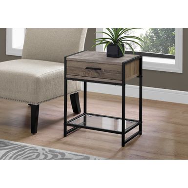 Accent Table/ Side/ End/ Nightstand/ Lamp/ Storage Drawer/ Living Room/ Bedroom/ Metal/ Laminate/ Tempered Glass/ Brown/ Black/ Contemporary/ Modern