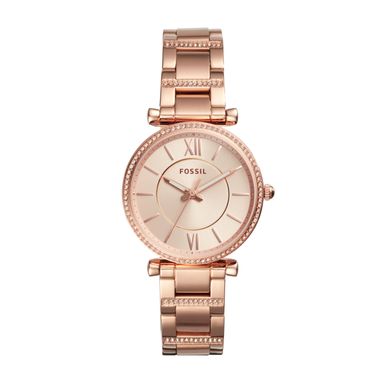 Fossil  - Ladies Carlie Rose Gold-Tone Crystal Bracelet Watch Rose Gold Dial