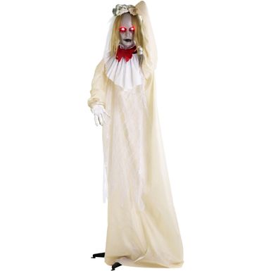 Animatronic Zombie Bride with Pop-Up Head and Light-Up Eyes for Scary Halloween Decoration