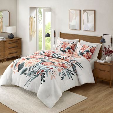 Peach/Off-White Dahlia 3 Piece Floral Cotton Comforter Set King/Cal King