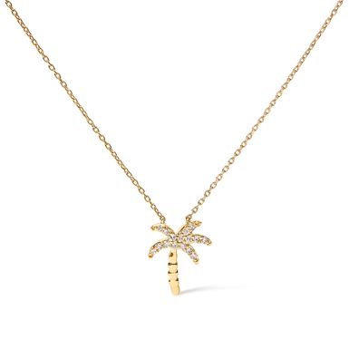 10K Yellow Gold 1/10 Cttw Round Diamond Palm Tree 18" Inch Pendant Necklace (H-I Color, I1-I2 Clarity)