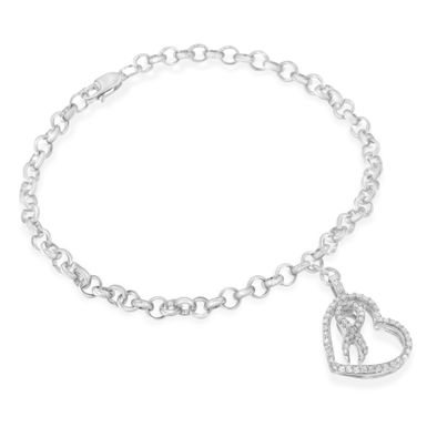 .925 Sterling Silver 1/4 Cttw Diamond-Accented Heart and Ribbon Charm 7" Link Chain Bracelet (H-I Color, I1-I2 Clarity)