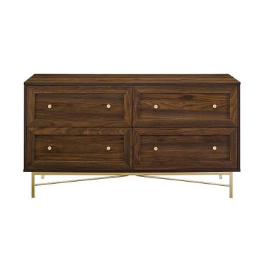 Walker Edison - 56 Contemporary 4 Drawer Gold Accent Dresser - Dark Walnut