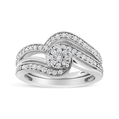 .925 Sterling Silver 1/3ct Cttw Multi-Diamond Bypass Vintage-Style Bridal Set Ring and Band (I-J Color, I3 Clarity) - Size 6