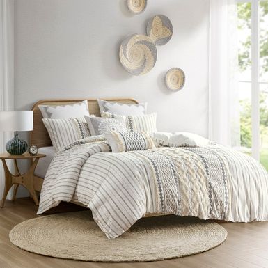 Ivory Imani Cotton Printed Duvet Cover Set with Chenille King/Cal King