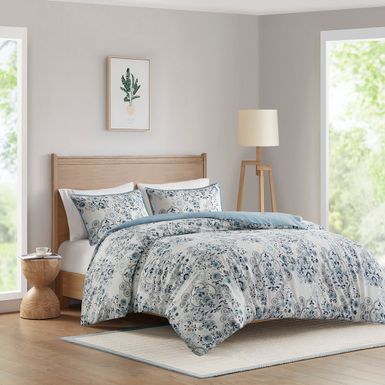 Blue Brielle 3 Piece Floral Printed Cotton Duvet Cover Set, Full/Queen