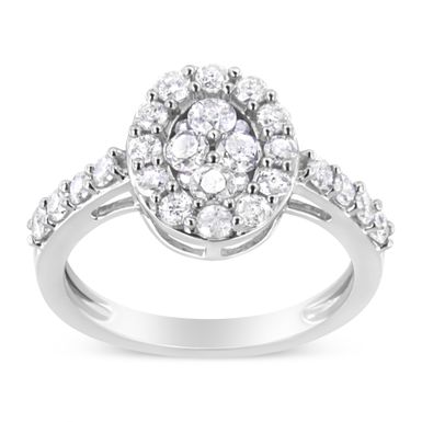 .925 Sterling Silver 1.0 Cttw Brilliant-Cut Diamond Halo-Style Cluster Oval Ring (I-J Color, I3 Clarity) - Size 8