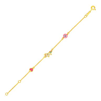 14k Yellow Gold Childrens Bracelet with Enameled Heart Unicorn and Circle (5.5 Inch)