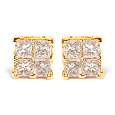 10K Yellow Gold 3/4 Cttw Invisible Set Princess-Cut Diamond Composite Square Stud Earrings (I-J Color, I2-I3 Clarity)