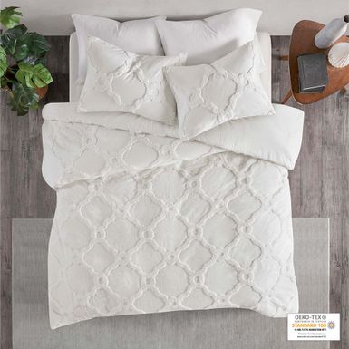 Off-White Pacey 3 Piece Tufted Cotton Chenille Geometric Duvet Cover Set Full/Queen