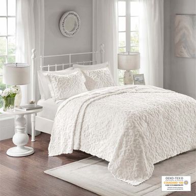 Off-White Sabrina 3 Piece Tufted Cotton Chenille Bedspread Set King/Cal King