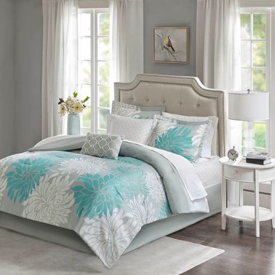 Aqua Maible 7 Piece Comforter Set with Cotton Bed Sheets Twin