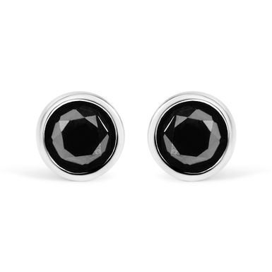 14K White Gold 3.00 Cttw Round Brilliant-Cut Black Diamond Bezel-Set Stud Earrings with Screw Backs (Fancy Color-Enhanced, I2-I3 Clarity)