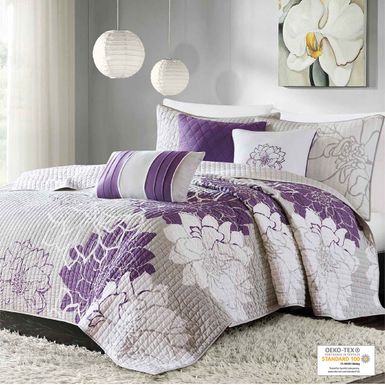 Taupe Grey/Purple Lola 6 Piece Printed Cotton Quilt Set with Throw Pillows King/Cal King