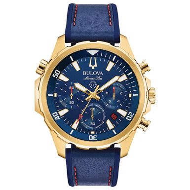 Bulova  - Mens Marine Star Gold & Blue Leather Strap Watch Blue Dial