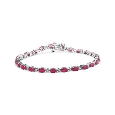 .925 Sterling Silver Oval Ruby and 1/4 Cttw Diamond Link Bracelet - Size 7.25" - (I-J Color, I2-I3 Clarity)