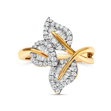 18K Yellow Gold Plated .925 Sterling Silver 1/2 Cttw Baguette and Round Diamond Bypass Triple Leaf Ring (I-J Color, I1-I2 Clarity) - Size 6