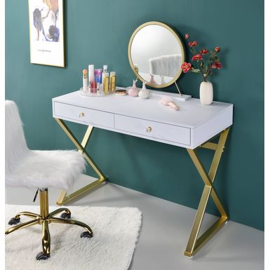 ACME Coleen Vanity Desk w/Mirror & Jewelry Tray, White & Gold Finish