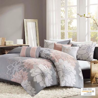 Grey/Peach Lola 6 Piece Printed Duvet Cover Set King/Cal King