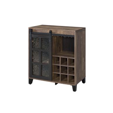 ACME Treju Wine Cabinet, Obscure Glass, Rustic Oak & Black Finish