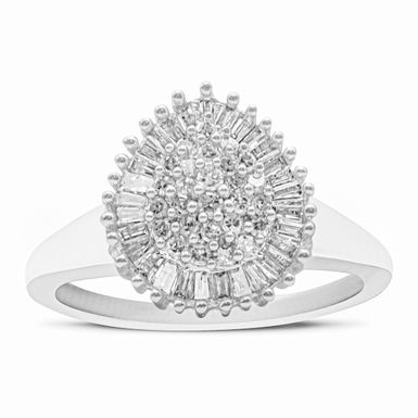 10K White Gold 1/2 Cttw Round & Baguette Cut Diamond Pear Shaped Domed Pavé Cluster with Halo Cocktail Ring (H-I Color, SI1-SI2 Clarity) - Size 7-1/2