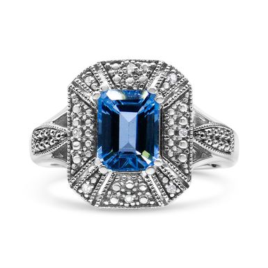 .925 Sterling Silver Diamond Accent and 8X6 mm Emerald-Shape Blue Topaz Ring (I-J Color, I2-I3 Clarity) - Ring Size 6