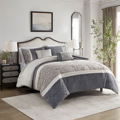 Grey Amelia 5 Piece Textured Jacquard Stripe Comforter Set with Throw Pillows, King/Cal King