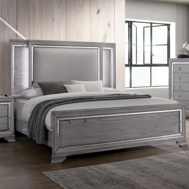 Contemporary Wood Queen Bed with LED Lights in Light Gray