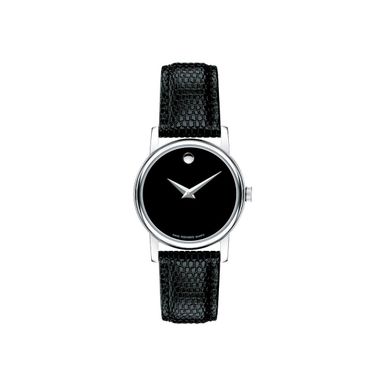 Movado  - Ladies Museum Classic Silver & Black Textured Leather Strap Watch Black Dial