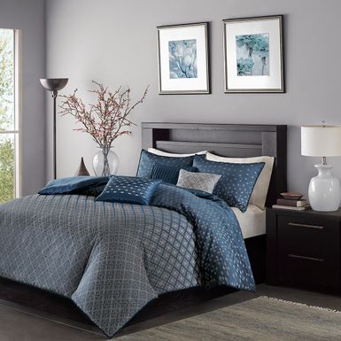 Navy Biloxi 6 Piece Jaquard Duvet Cover Set, Full/Queen