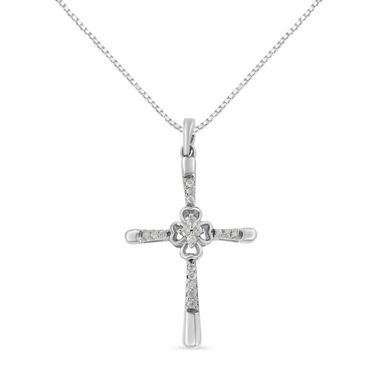 .925 Sterling Silver 1/10 Cttw Prong Set Diamond Cross 18" Pendant Necklace - (I-J Color, I3-Promo Quality)