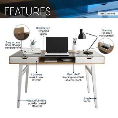 Compact Computer Desk with Multiple Storage, Walnut