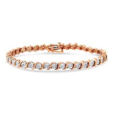 14K Rose Gold Plated .925 Sterling Silver 1/4 Cttw Diamond Round Miracle Plate and "S" Link Tennis Bracelet (I-J Color, I2- I3 Clarity) - 7"