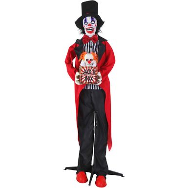 Standing Clown and Animatronic Talking Skull Clown in a Box for Scary Halloween Decoration