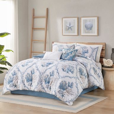 Blue/White Pismo Beach 6 Piece Oversized Cotton Comforter Set with Throw Pillows Cal King