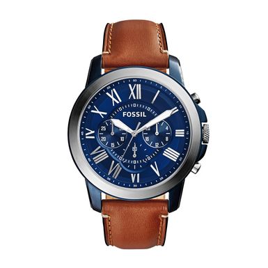 Fossil  - Mens Grant Chronograph Brown Leather Strap Watch Blue Dial