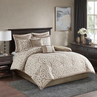 Tan/Ivory Odette 8 Piece Jacquard Comforter Set Queen