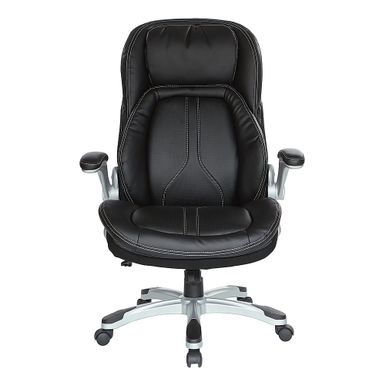 Office Star Products - Bonded Leather Executive Chair with Padded Flip Arms and Silver Base - Black