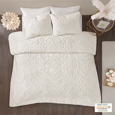 Off-White Laetitia 3-Piece Tufted Cotton Chenille Medallion Duvet Cover Set Full/Queen