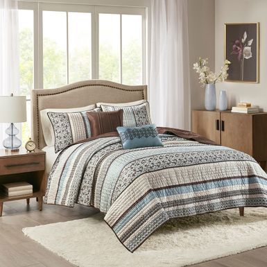 Blue Princeton 5 Piece Jacquard Quilt Set with Throw Pillows King/Cal King