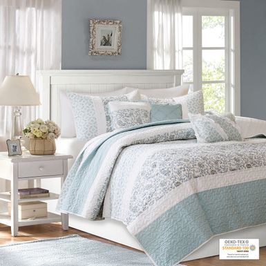 Aqua Dawn 6 Piece Cotton Percale Quilt Set with Throw Pillows King/Cal King