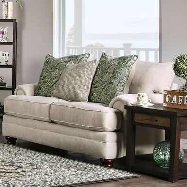 Transitional Cream Chenille Upholstered Rolled Arms Loveseat