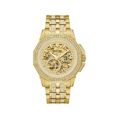 Bulova  - Mens Octava Automatic Gold-Tone Crystal Watch Skeleton Dial