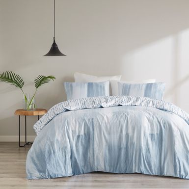 Blue Brush Stroke 3 Piece Oversized Reversible Seersucker Duvet Cover Mini Set, King