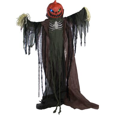 Life-Size Poseable Pumpkin Scarecrow with Lights and Sound, Indoor or Covered Outdoor Halloween Decoration