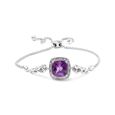 .925 Sterling Silver 10mm Cushion Cut Amethyst Gemstone and Diamond Accent Lariat 4"-10" Adjustable Bolo Bracelet (H-I Color, SI1-SI2 Clarity)