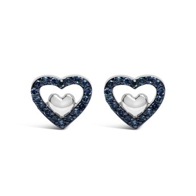 925 Sterling Silver 1/6 Cttw Blue Diamond Open Double Heart Stud Earrings (Treated Blue Color, I3 Clarity)