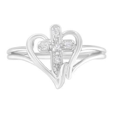 10K White Gold Diamond-Accented Cross & Open Heart Promise Fashion Ring (H-I Color, I1-I2 Clarity) - Size 6